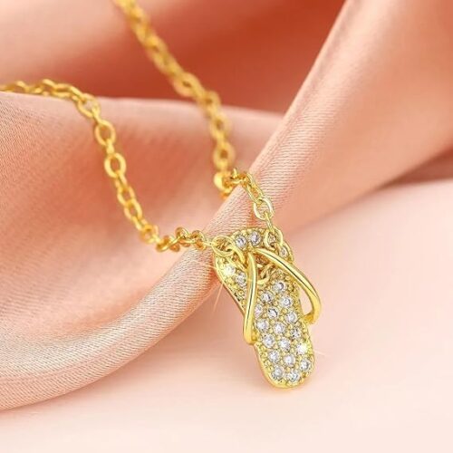 slipperpendant3 Gold Plated Crystal Studded Flip Flop Slipper Pendant Necklace for Women | Elegant Fashion Jewelry