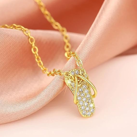 Gold Plated Crystal Studded Flip Flop Slipper Pendant Necklace for Women | Elegant Fashion Jewelry